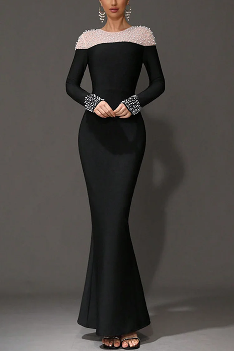Mesh Pearls Patchwork Mermaid Maxi Dress-Black