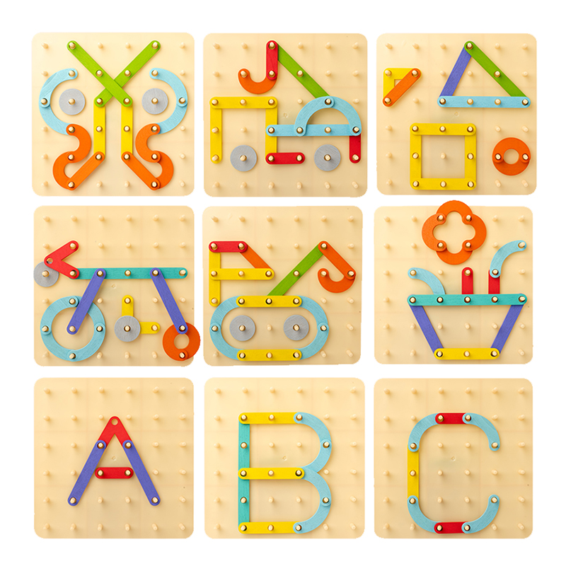 Tegooe Wooden Pegboard Geometric Shape Construction Kit - Creative Sensory Toy for Kids