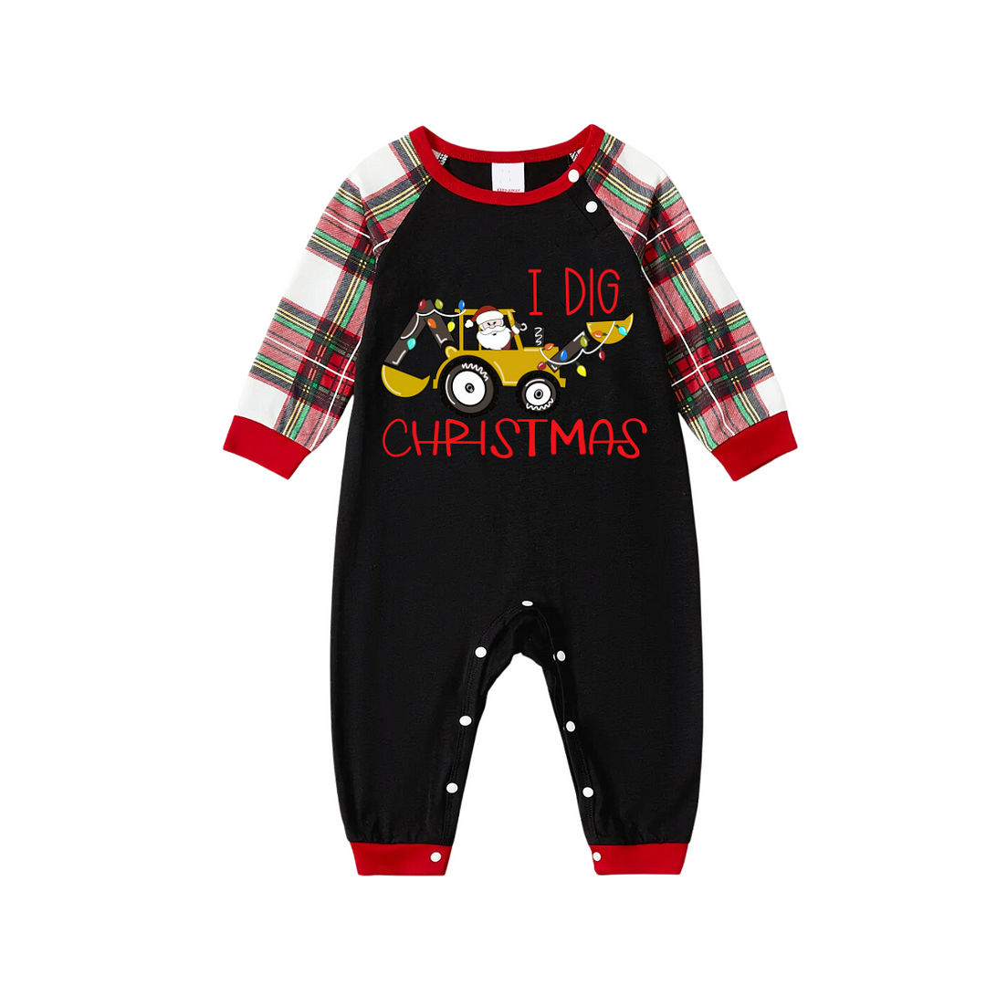 Christmas Excavator Print Black Long Sleeve Top with Red & White & Green Plaid Family Matching Pajamas