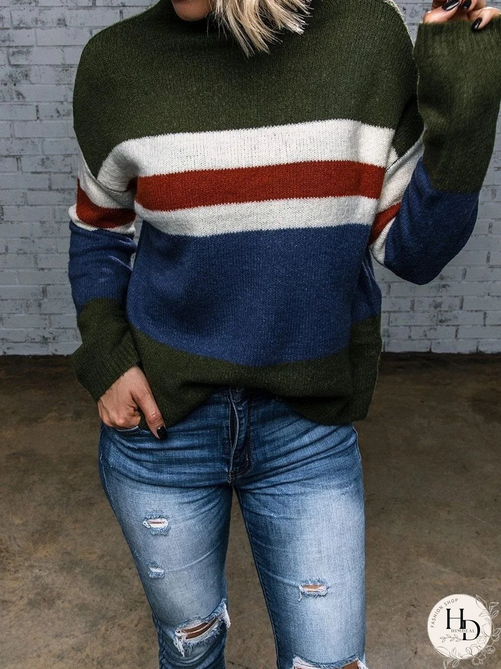 Color-Block Crew Neck Long Sleeve Sweater