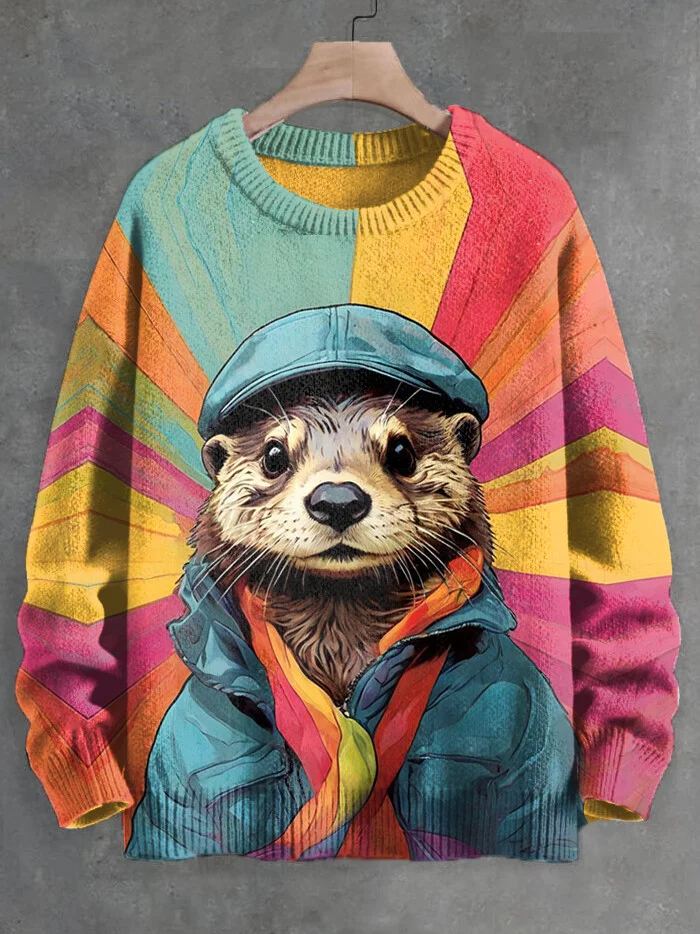 Men's Rainbow Art Otter Print Knit Sweatshirt