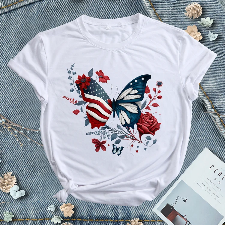 Independence Day Butterfly Flower Round Neck T-shirt - BSP0011-Annaletters