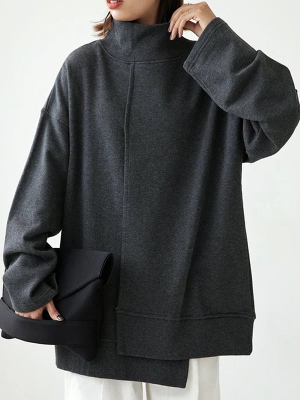 Simple Long Sleeves Loose Asymmetric Split-Joint High-Neck Sweatshirt Tops