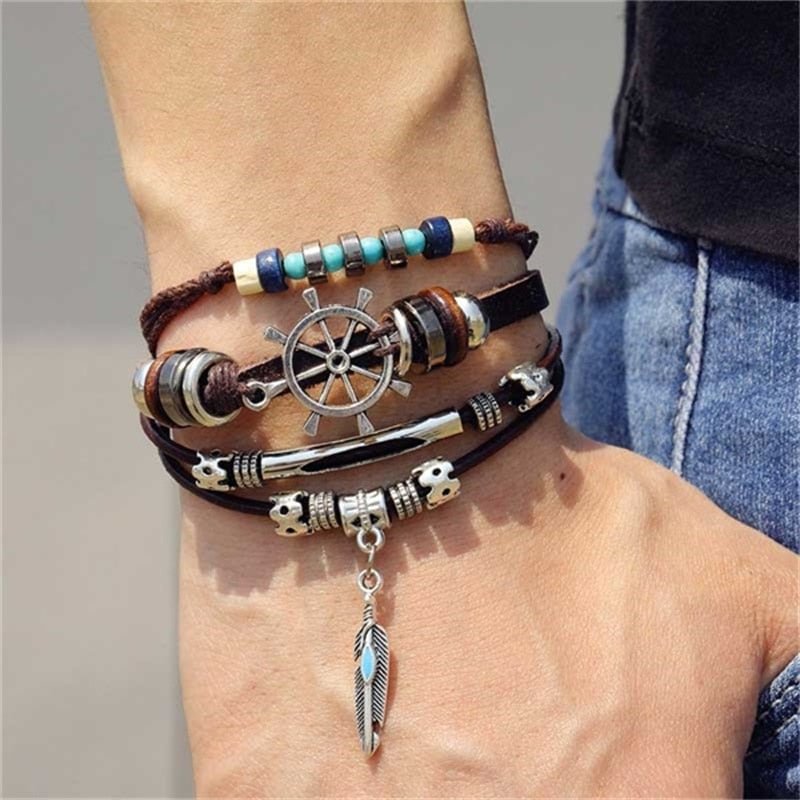 IFMIA Vintage Leaf Feather Multilayer Leather Bracelet Men Fashion Braided Handmade Star Rope Wrap Bracelets & Bangles Male Gift