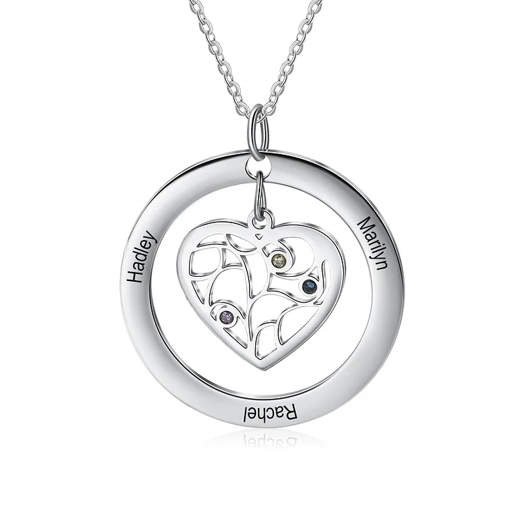 Customised Family Tree Necklace with Birthstones Engraved 3 Names Circle Heart Necklace for Women
