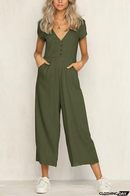 Button Pocket V Neck Jumpsuit
