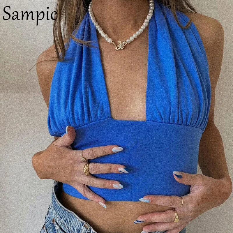 Sampic Sexy Casual Blue Y2K Halter Women Skinny Mini Crop Tops 2021 Summer Vest Club Tank Tops Off Shoulder Chic T Shirt Tops