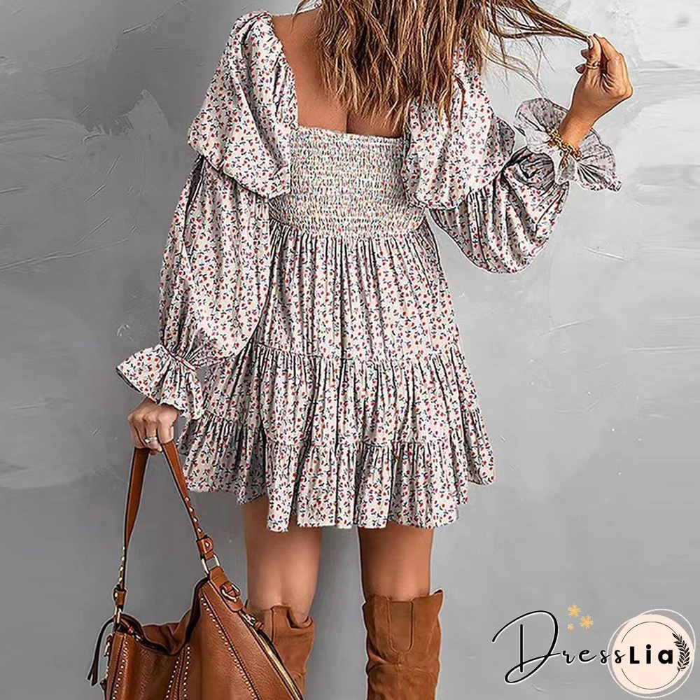 Autumn Sexy Ladies Strapless Folds Mini Dress Fashion Sweet Puff Sleeve Loose Print Dress Women Elegant Pleated Party Dress