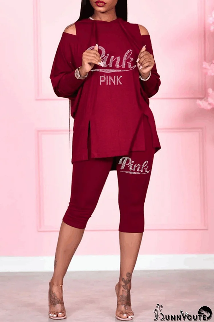 Burgundy Fashion Letter Hot Drilling Hollowed Out Patchwork Slit Hooded Collar Long Sleeve Two Pieces