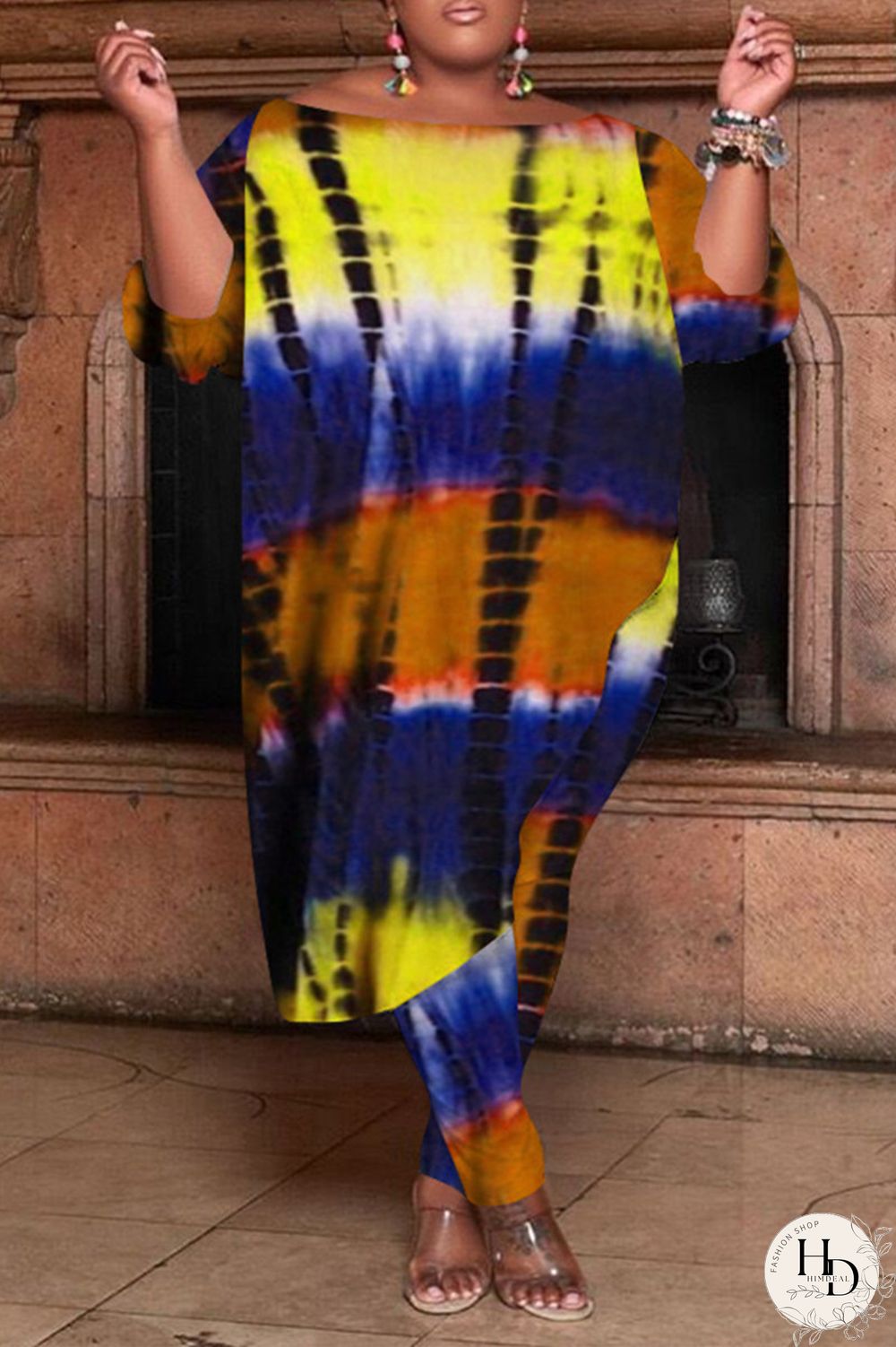 Yellow Fashion Casual Tie Dye Asymmetrical O Neck Plus Size Two Pieces
