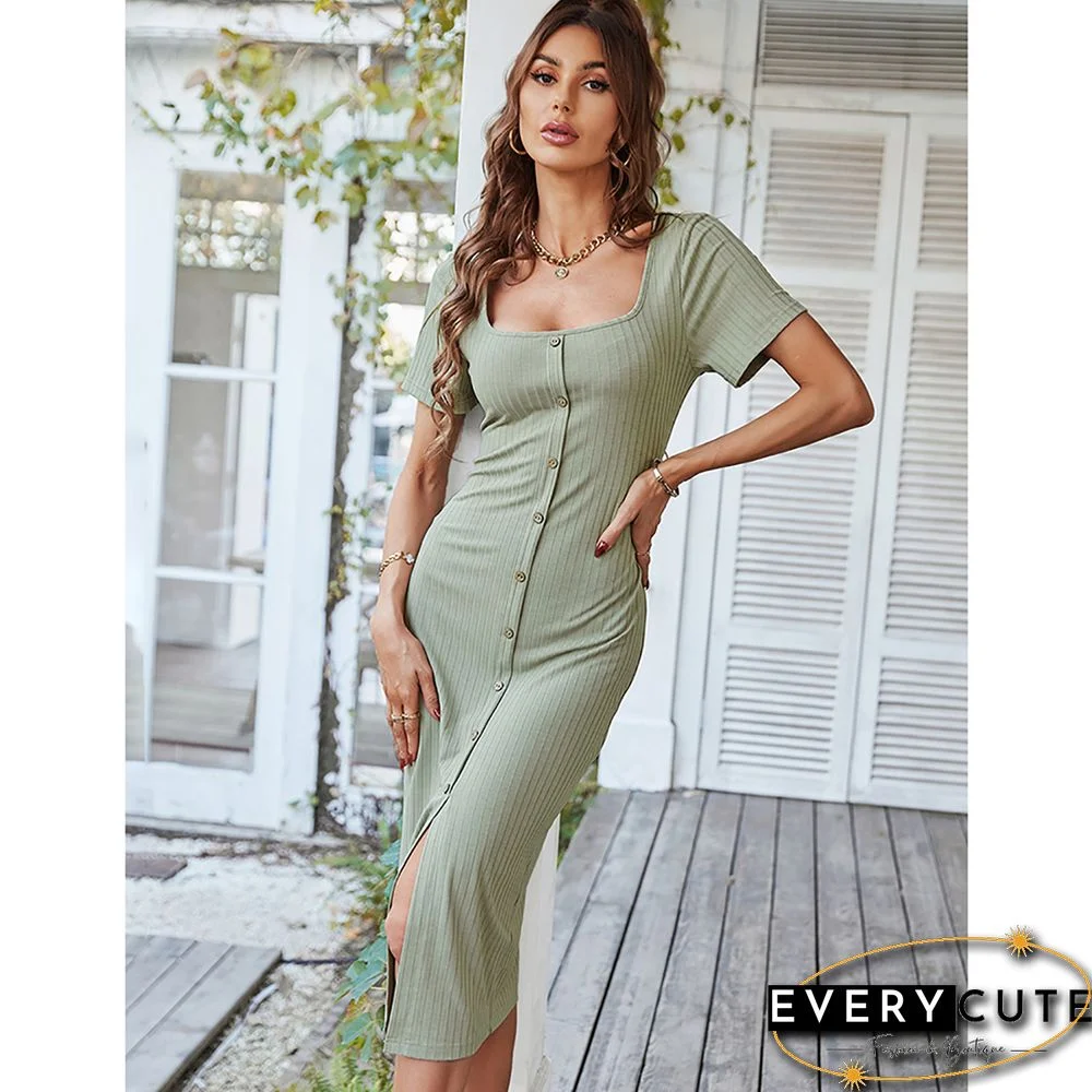 Light Green Rib Button Split Bodycon Dress
