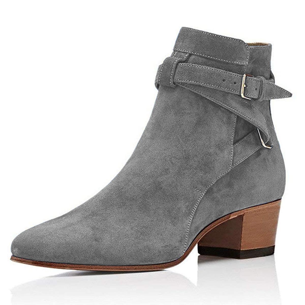 Full Gray Suede Pointed Toe Ankle Buckle Decors Low Chunky Boots Nicepairs