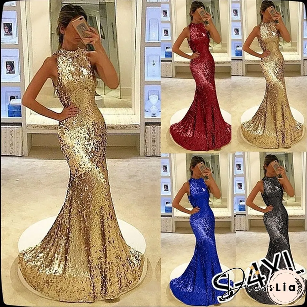 Womens Sleeveless Neck Sequin Party Prom Dress Shinny Slim Fit Fishtail Maxi Elegant