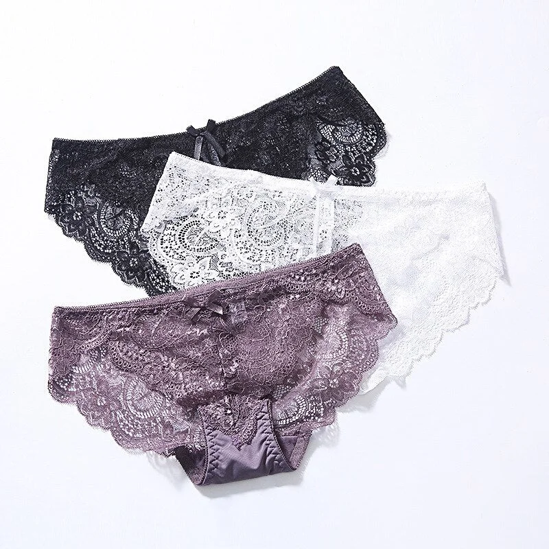 3Pcs/Lot Sexy Lace Underwear Women Transparent Low Waist Panties Cotton Crotch Briefs for Girls Breathable Seamless Lingeries