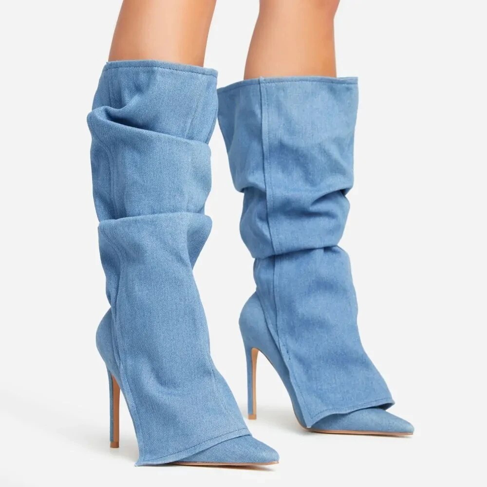 VCSHOES Jeans Boots Women Knee High Boots Pointed Toe Style Shoes Thin High Heel Solid Pant Boots Runway 44