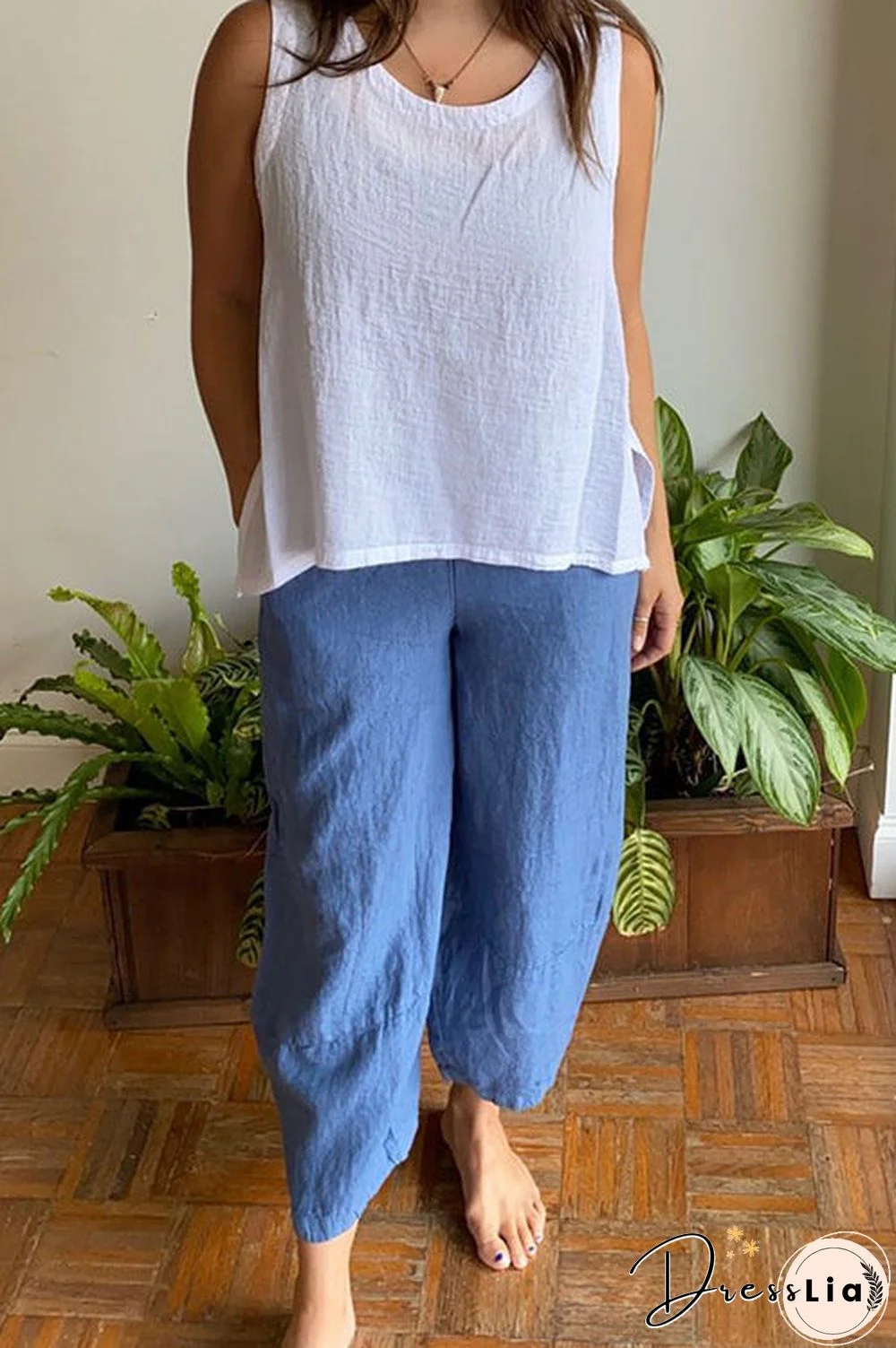 Solid O Neck Tank Pants Set