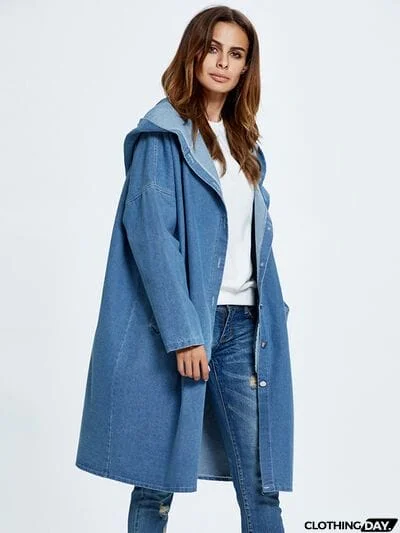 Button Up Dropped Shoulder Hooded Denim Top