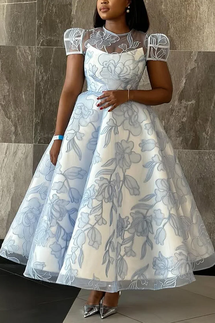 Plus Size Formal Blue Elegant Floral Round Neck Cap Sleeve Short Sleeve See Through Organza Maxi Dresses [Pre-Order] 2024 - Xpluswear