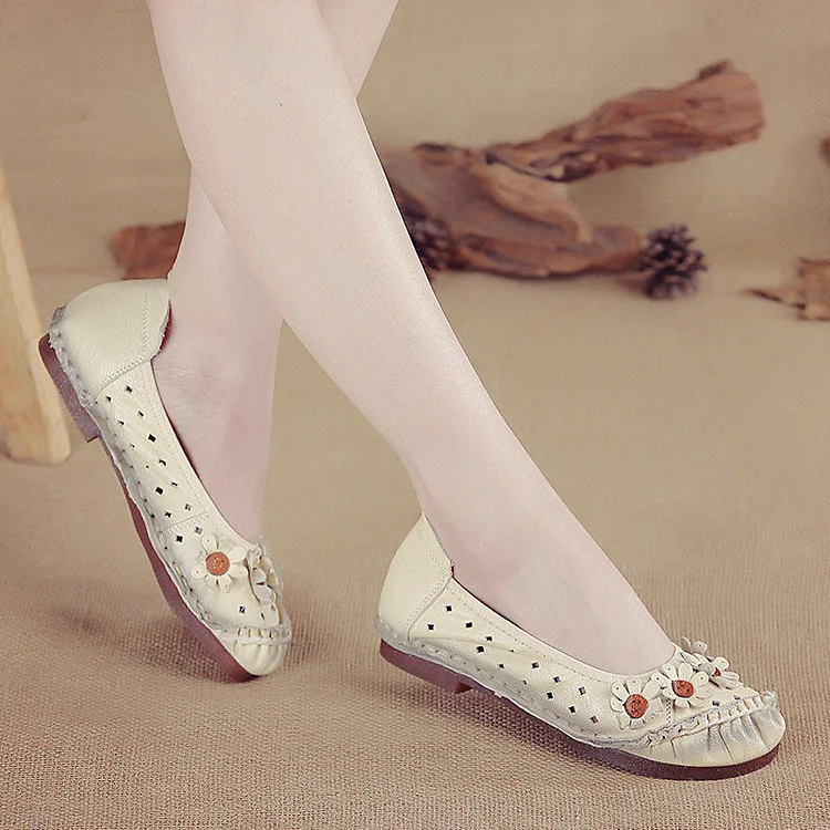 Ethnic Genuine Leather Flower Women's Single Shoes QueenFunky