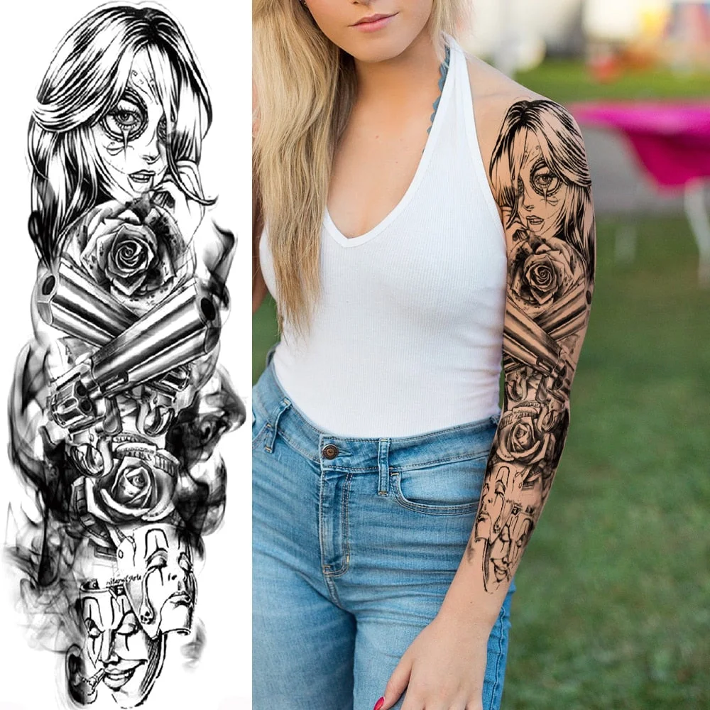 Sexy Full Arm Temporary Tattoos Sticker For Women Men Adult Gun Nun Vines Realistic Fake Tattoo Sleeves Large Tatoos Paste