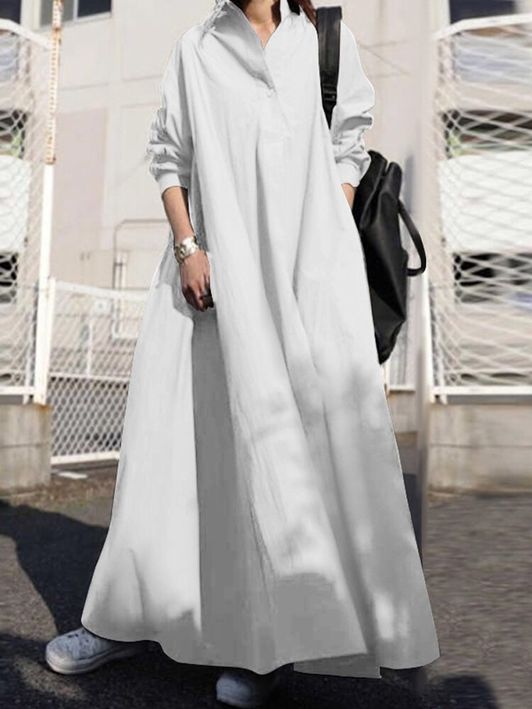 Women Solid Color Lapel Collar Long Sleeve Casual Dress