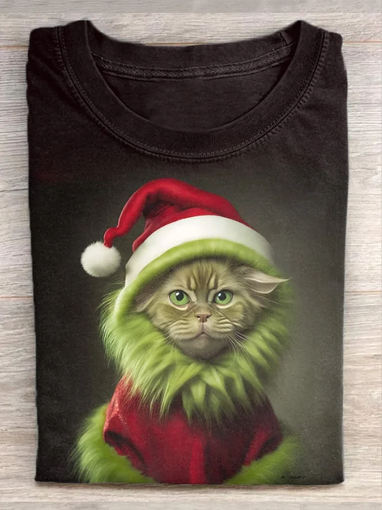 Christmas Funny Cat Print Casual T-Shirt