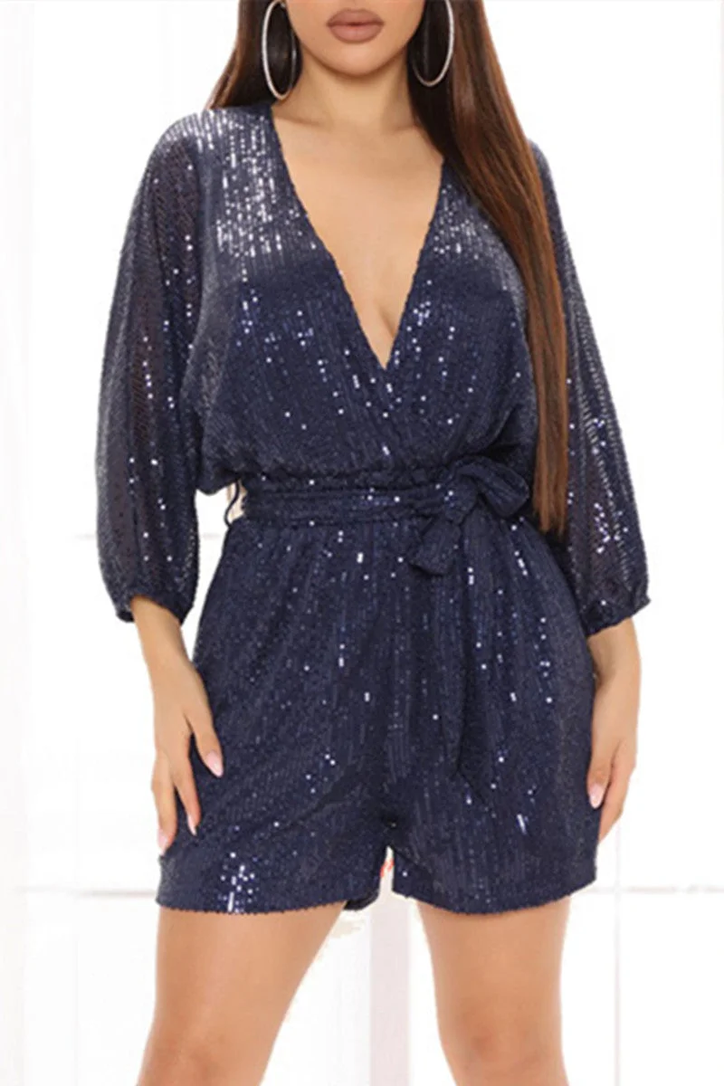 Fashion Casual Patchwork Sequins V Neck Regular Romper