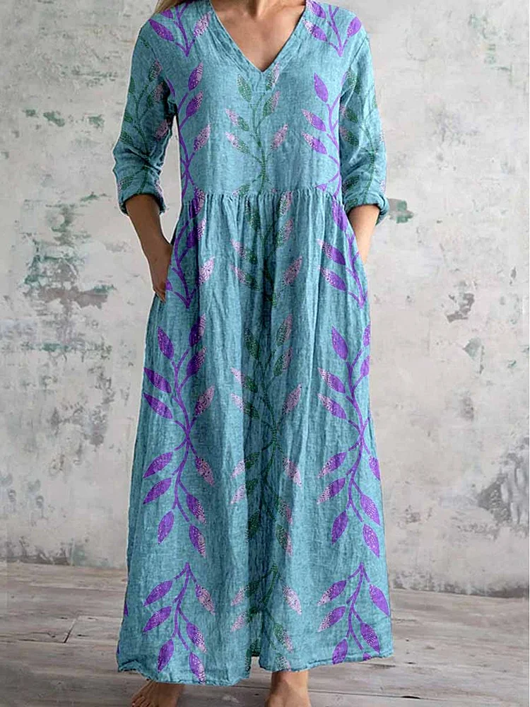 Women's V-Neck Retro Floral Pattern Cotton And Linen Dress
