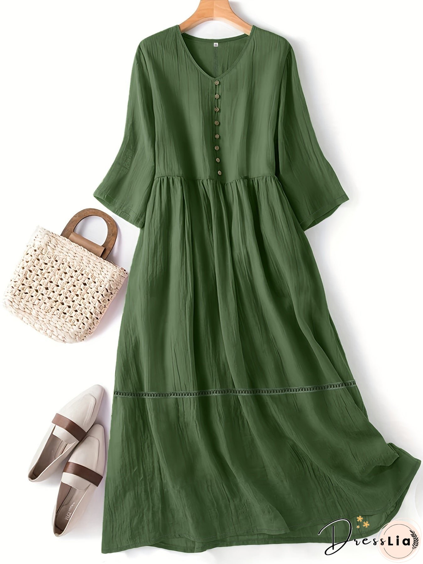 Plus Size Casual Dress, Women's Plus Solid Button Decor Long Sleeve V Neck Dress