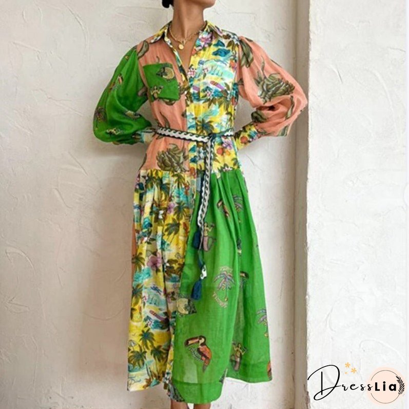 Women's Sleeve Printing Lapel Long Sleeves Large Dresses