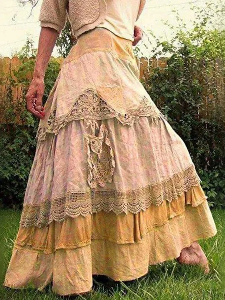 Lace Trim Colorblock High Waist Skirt