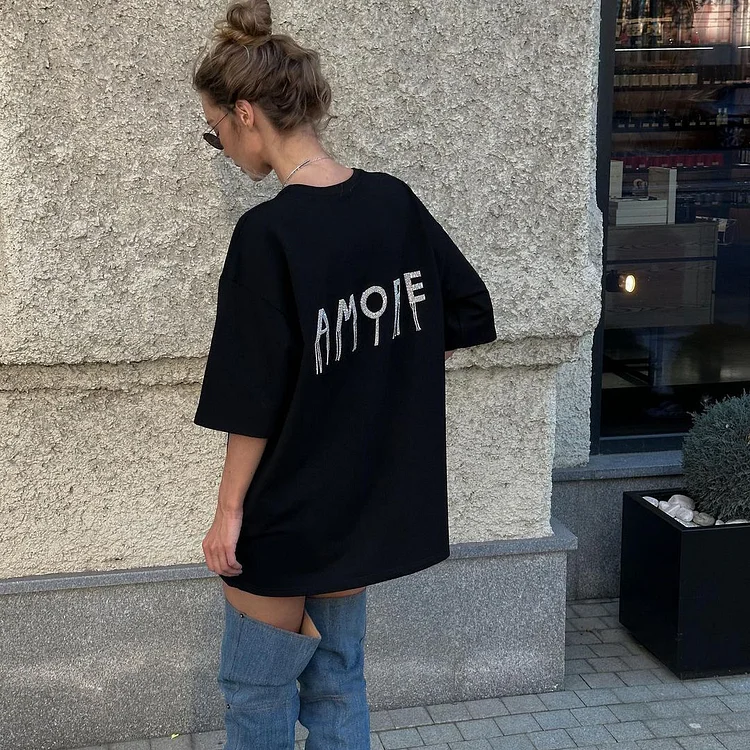 High Street Casual Loose T-Shirt Letters Hot Diamond Tassel Short Sleeve at Hiphopee