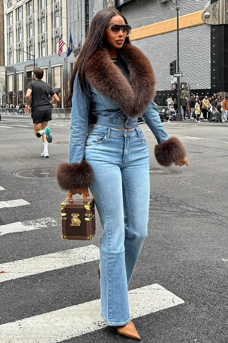 Faux Fur Patchwork Jacket Jeans Casual Denim Matching Set-Blue [Pre Order]