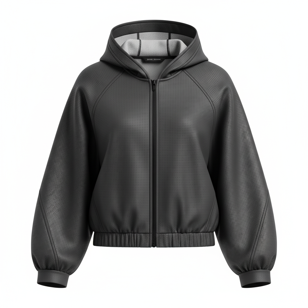 thesupersurf Black Perforated Leather Hoodie with Puffy Sleeves 