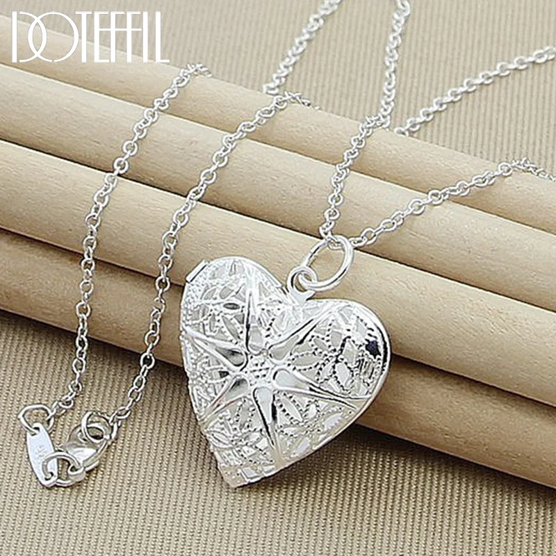 DOTEFFIL 925 Sterling Silver Heart Photo Frame Pendant Necklace 18-30 inch Chain For Woman Man Jewelry