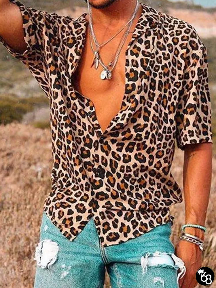 Men's Shirt Leopard Graphic Prints Turndown Brown Street Casual Short Sleeve Button-Down Print Clothing Apparel Sports Fashion Streetwear Designer | 168DEAL