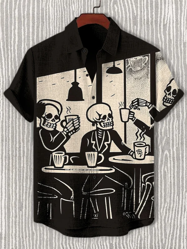Men's Retro Skeleton Cafe Art Print Casual Shirt