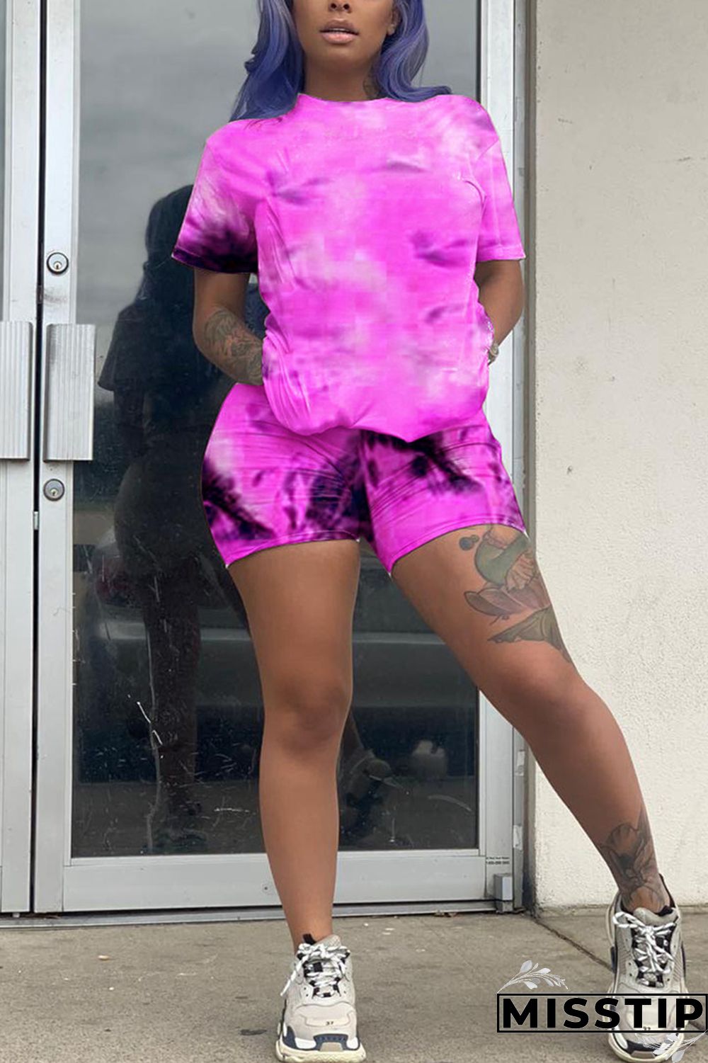 Pink Fashion Casual Tie-dye Printed Two-piece Set