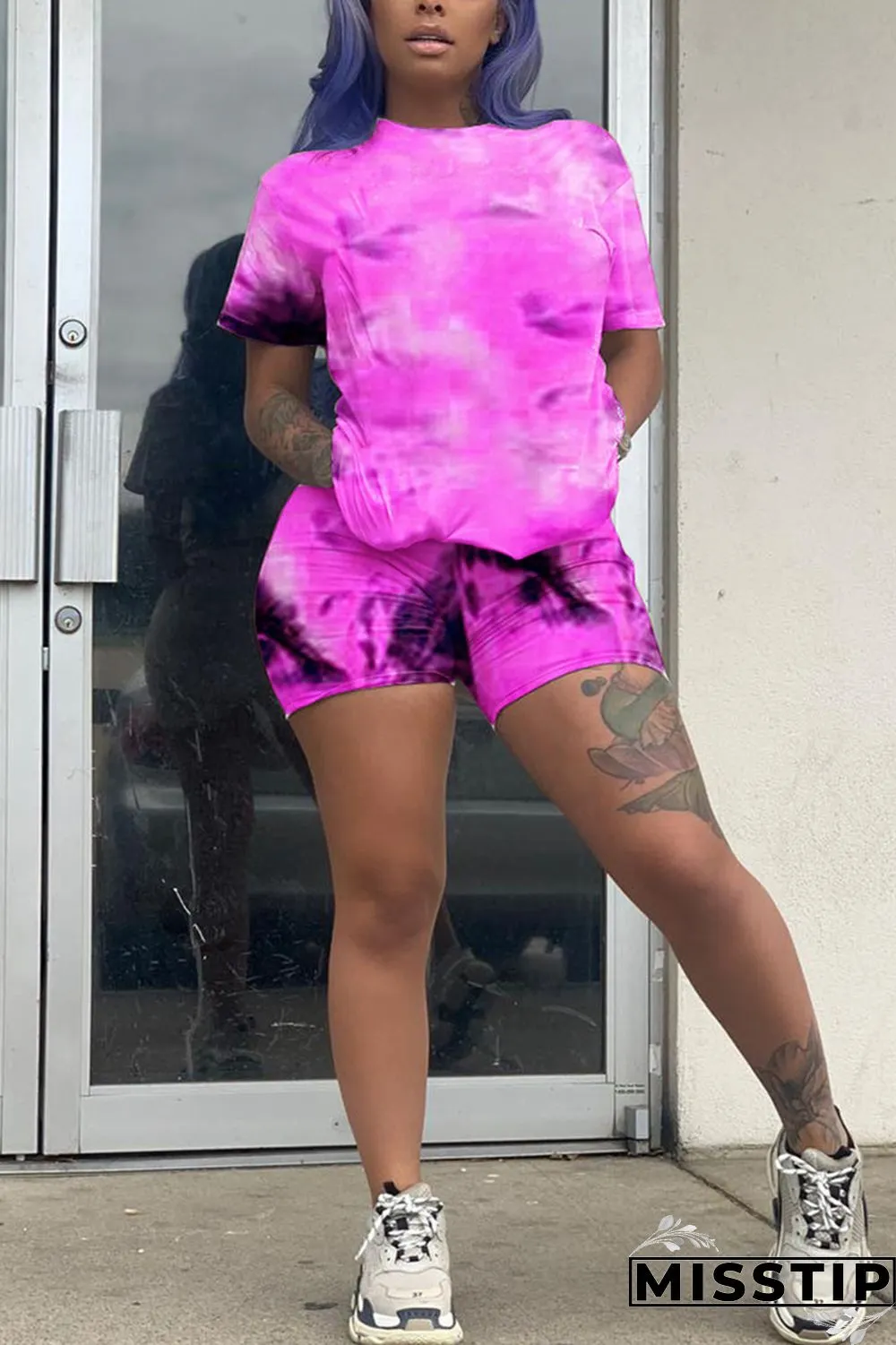 Pink Fashion Casual Tie-dye Printed Two-piece Set