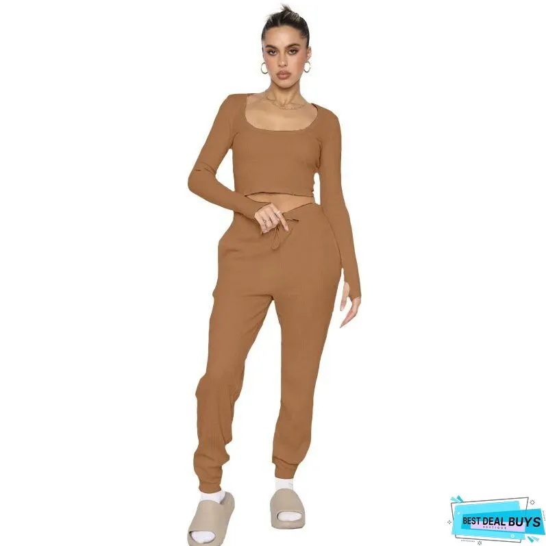 Waffle Solid Necks Long Sleeve Pants Sets Women Cropped Tops High Waist Trouser Pieces