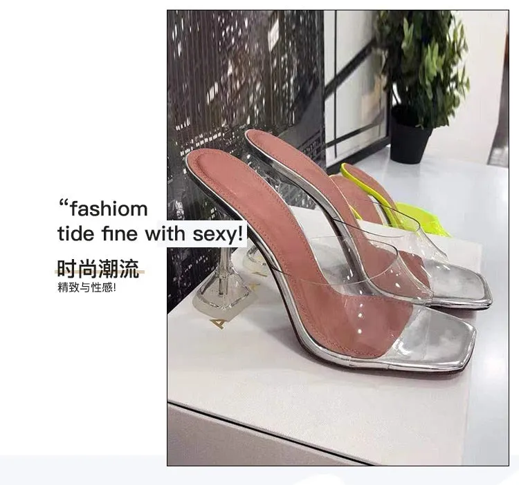 Transparent crystal heel slippers women's summer new fashion wine glass heel square toe fashion sandals Large size