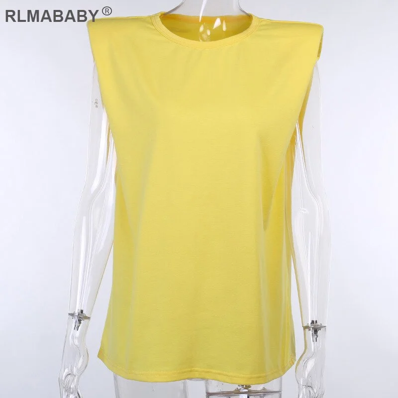 Sleeveless Shoulder Pad Casual Women T Shirts Solid Round Neck Summer Tops Loose Cotton Tee Shirts Soft Office Ladies T Shirts