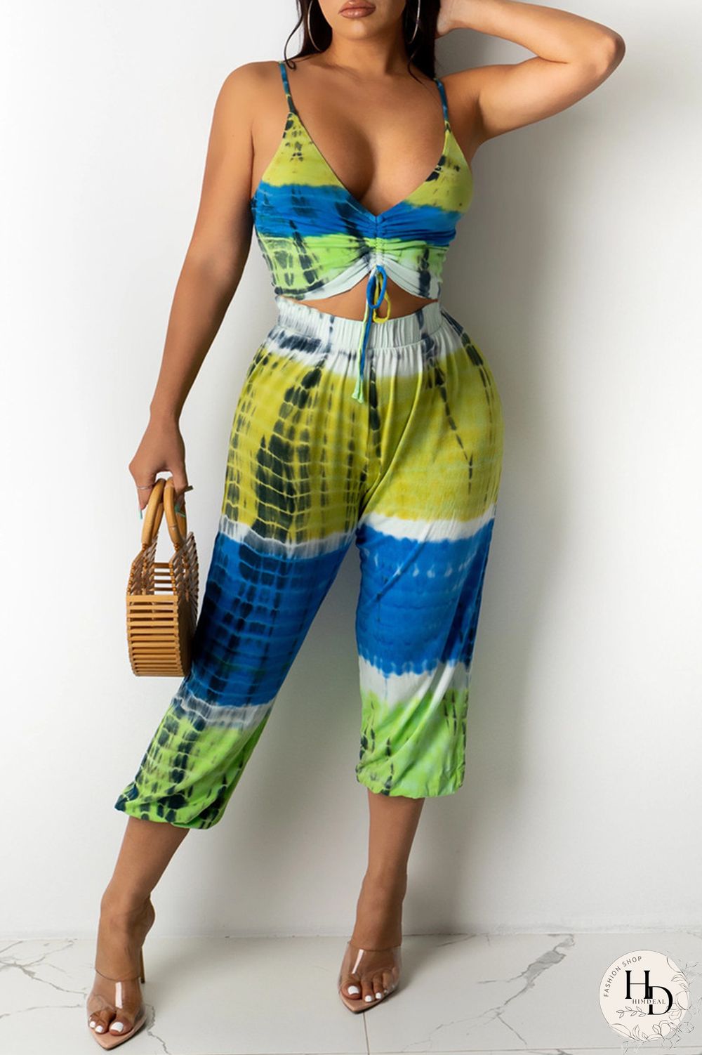 Blue Yellow Sexy Casual Print Tie Dye Backless V Neck Sleeveless Two Pieces