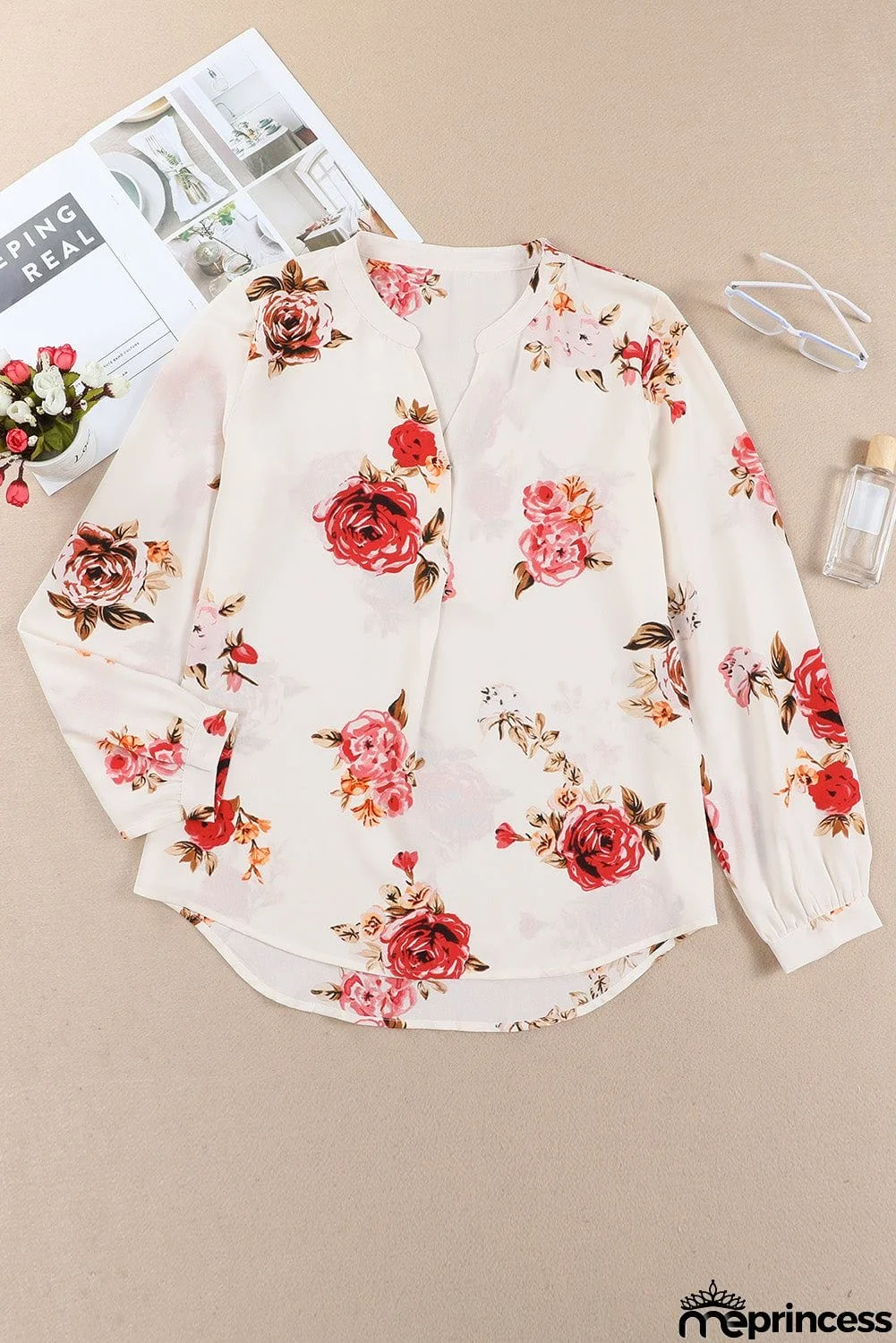 Beige Floral Print V Neck Button Down Blouse