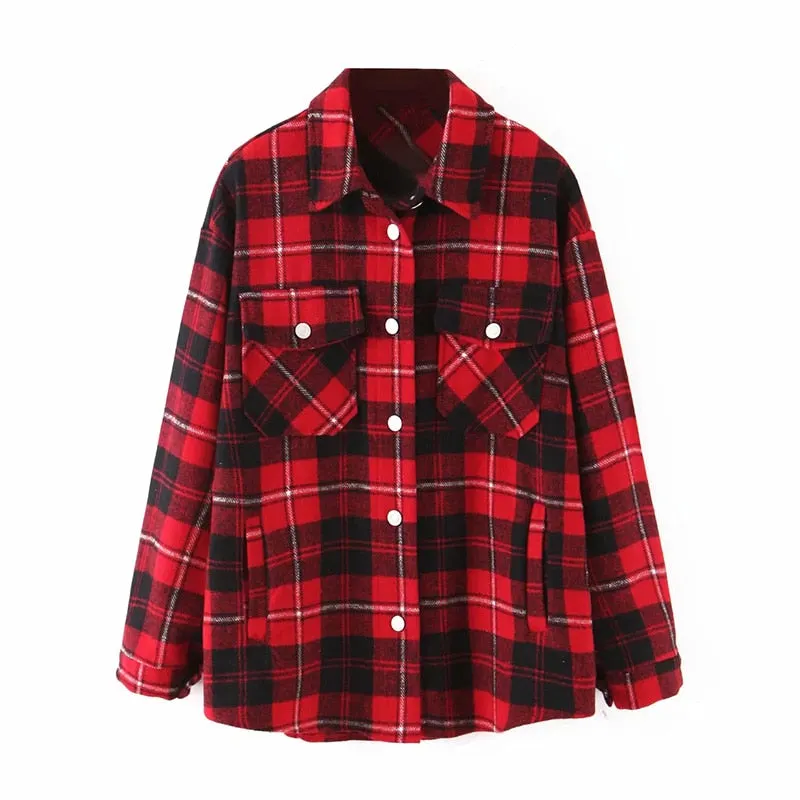 Aachoae Loose Casual Wool Plaid Jacket Women Turn Down Collar Fashion Coat With Pockets Autumn Long Sleeve Ladies Jackets Coats