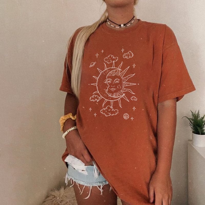   Sun moon print casual t-shirt - Neojana
