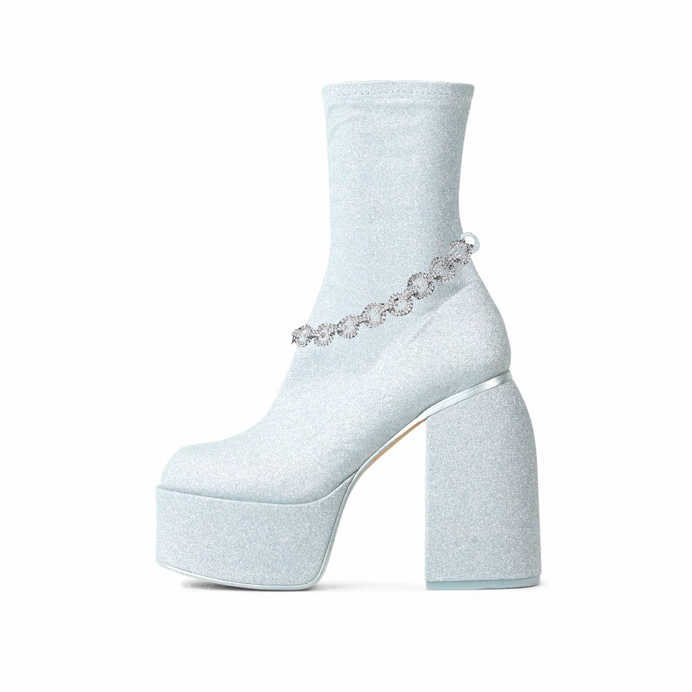 White Square Toe Chunky Platform Boots Pearl Chain Sock Booties Nicepairs