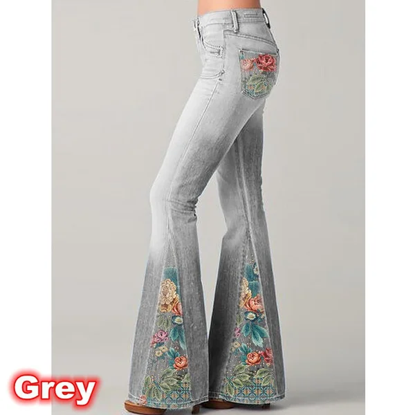 Plus Size S-5Xl Women' Fashion Trending Vintage Bell Bottom Denim Pants Middle Waist Fitted Denim Jeans Flare Slim Pants