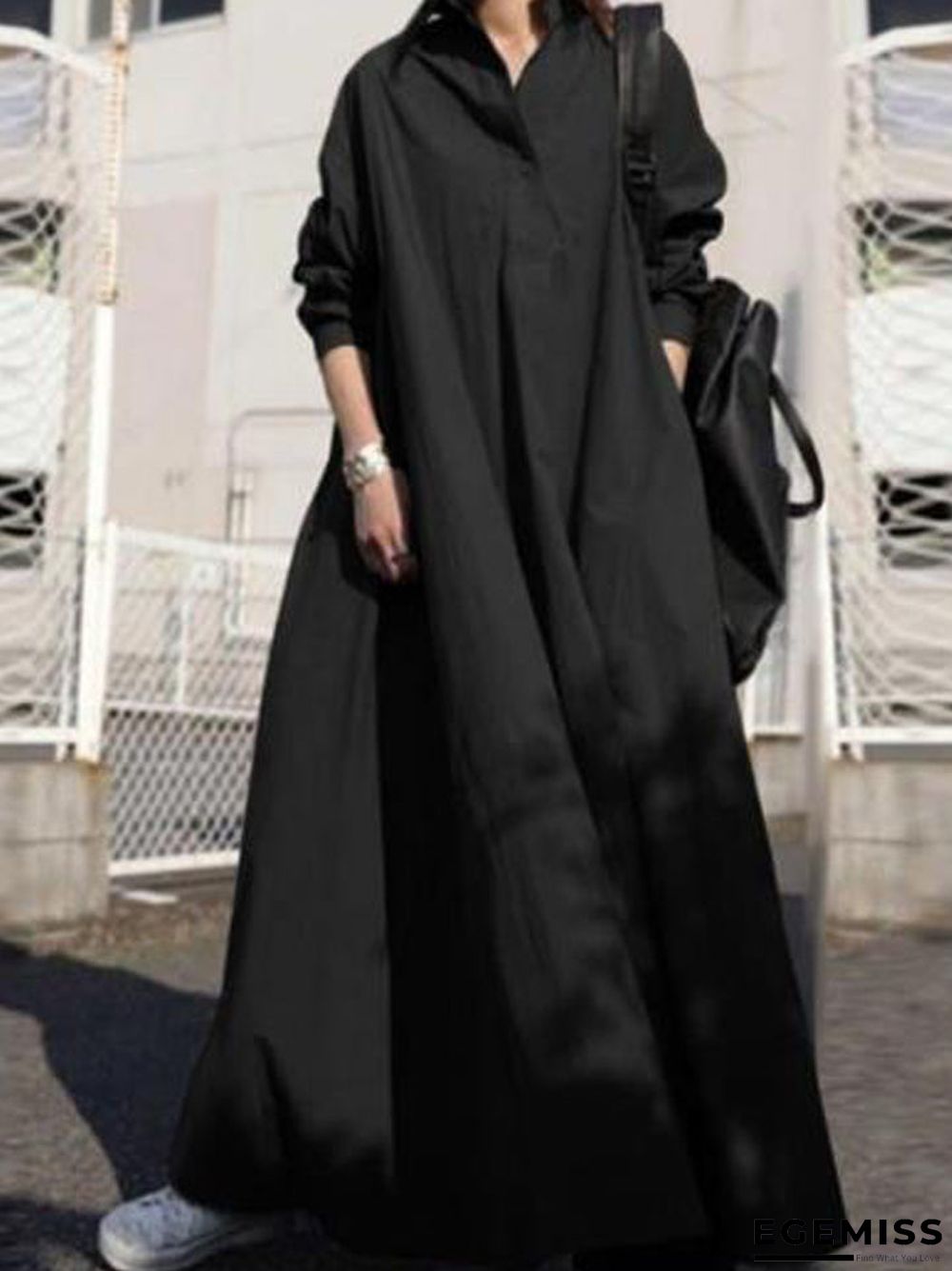 Big Solid Color Cotton and Linen Retro Dress Black Dresses | EGEMISS