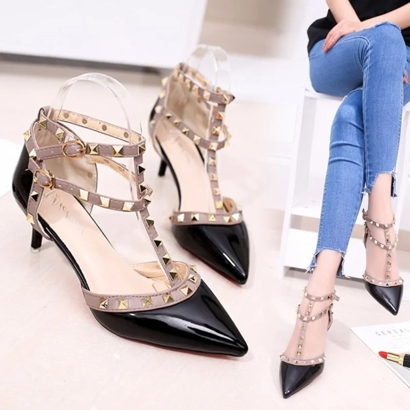 Women's Shoes 2019 Summer Pointed High-heeled Stiletto Patent Leather Rivet Single Shoes Was Thin Buckle Women's Shoes